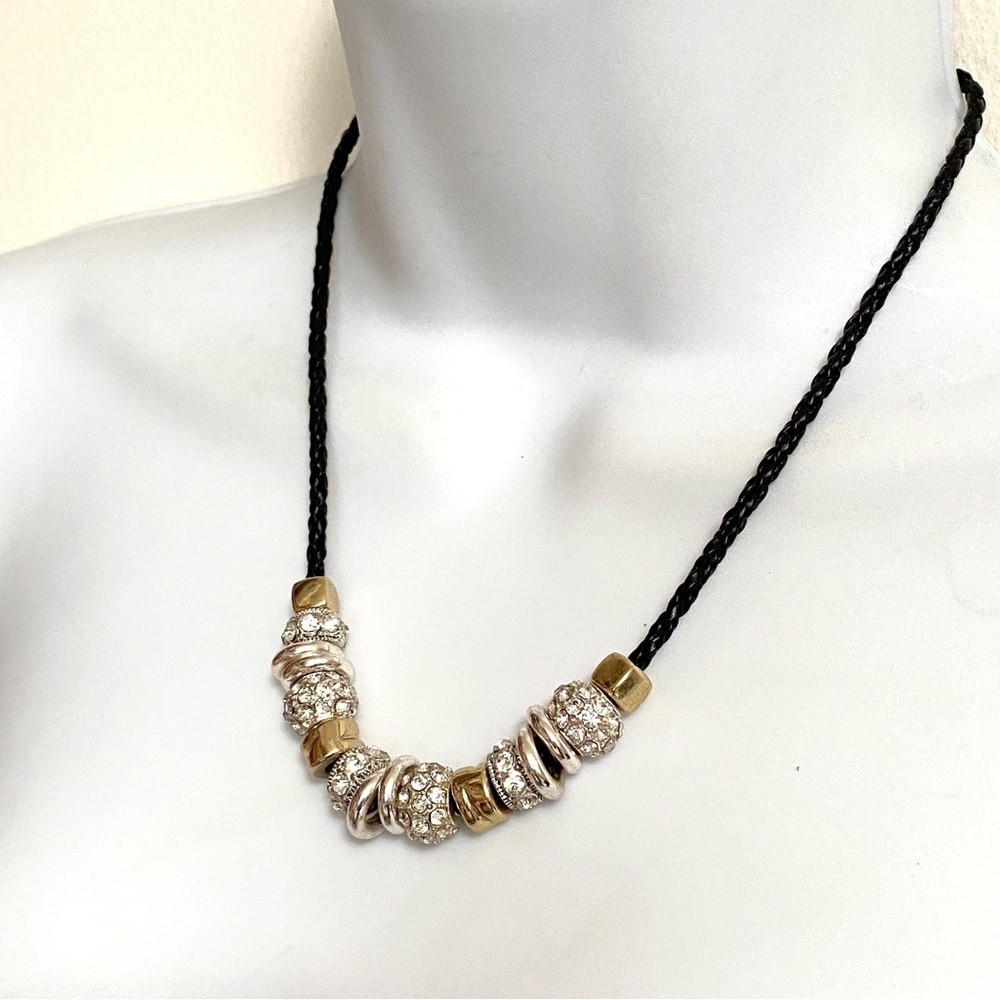 Rhinestone Beads On Black Leatherette Necklace